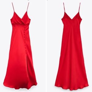 Zara Satin Effect Slip Dress Red Midi Slit